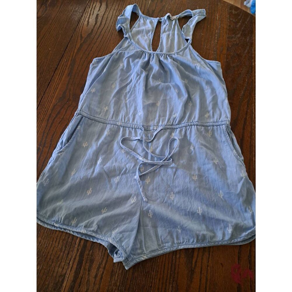 Large Buddy Basics Blue White Cactus Sleeveless Elastic Waist One Piece Romper
